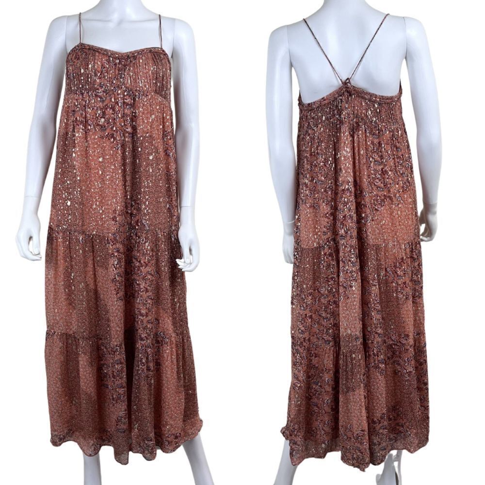 ba&sh Odette Women Size 8 Gold Metallic Empire Waist Tiered Sheer Midi NEW Dress